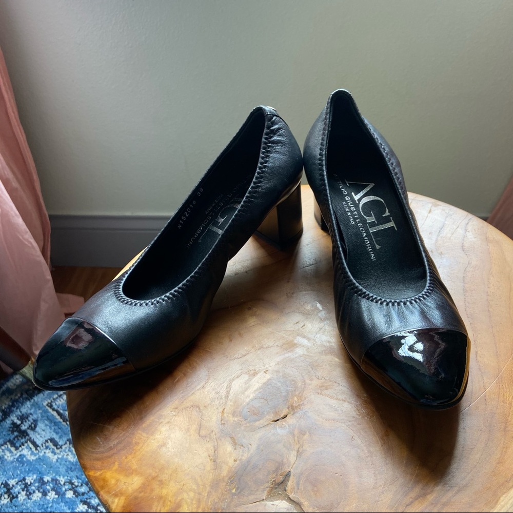 AGL Black Patent Toe Block Heel Pumps